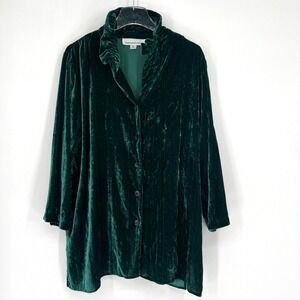 Caroline‎ Rose Velvet Jacket Womens XL Green Blue Cardigan Ruffle Neck Holiday